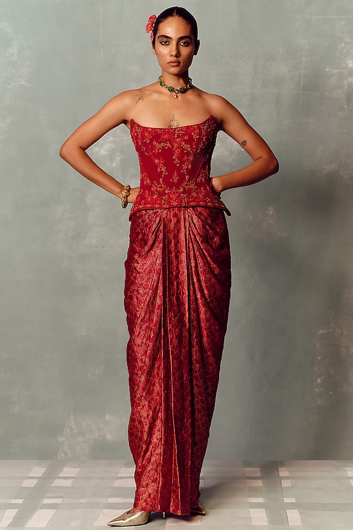 Crimson Red Fluid Banarasi Draped Skirt Set by Dolly J at Pernia's Pop Up Shop
