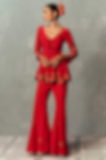 Blood Red Fluid Crepe Peplum Kurta Set by Dolly J at Pernia's Pop Up Shop