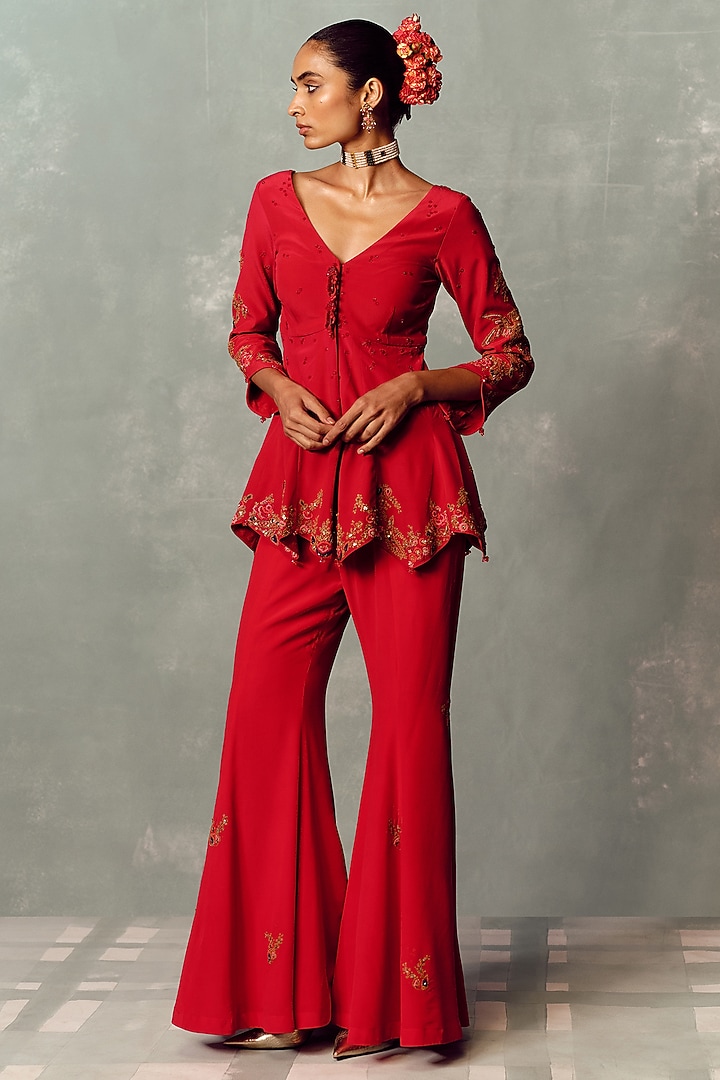 Blood Red Fluid Crepe Peplum Kurta Set by Dolly J at Pernia's Pop Up Shop