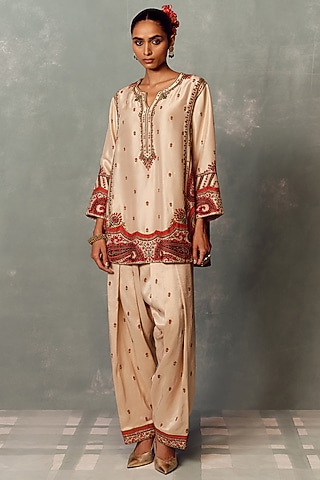 Ivory Silk Embroidered Kurta Set by Dolly J