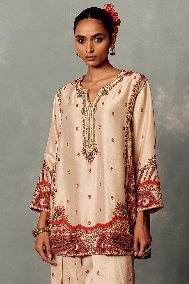Ivory Silk Embroidered Kurta Set by Dolly J at Pernia's Pop Up Shop