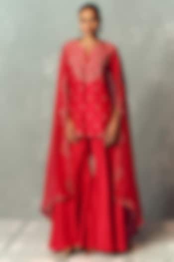 Red Silk Hand Embroidered Kurta Set by Dolly J at Pernia's Pop Up Shop