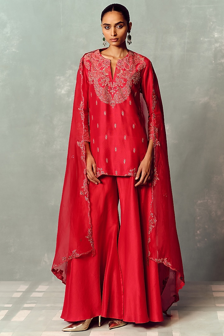 Red Silk Hand Embroidered Kurta Set by Dolly J at Pernia's Pop Up Shop