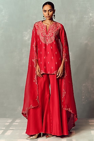 Red Silk Hand Embroidered Kurta Set by Dolly J