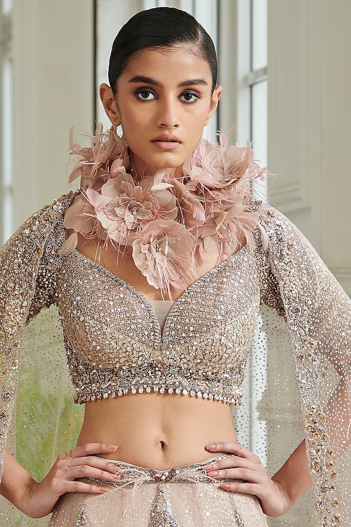 Muted Pink Pearl Embroidered Bridal Bridal Lehenga Set by Dolly J at Pernia's Pop Up Shop