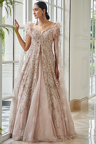 Silver Embellished Jacket Lehenga Set by Dolly J