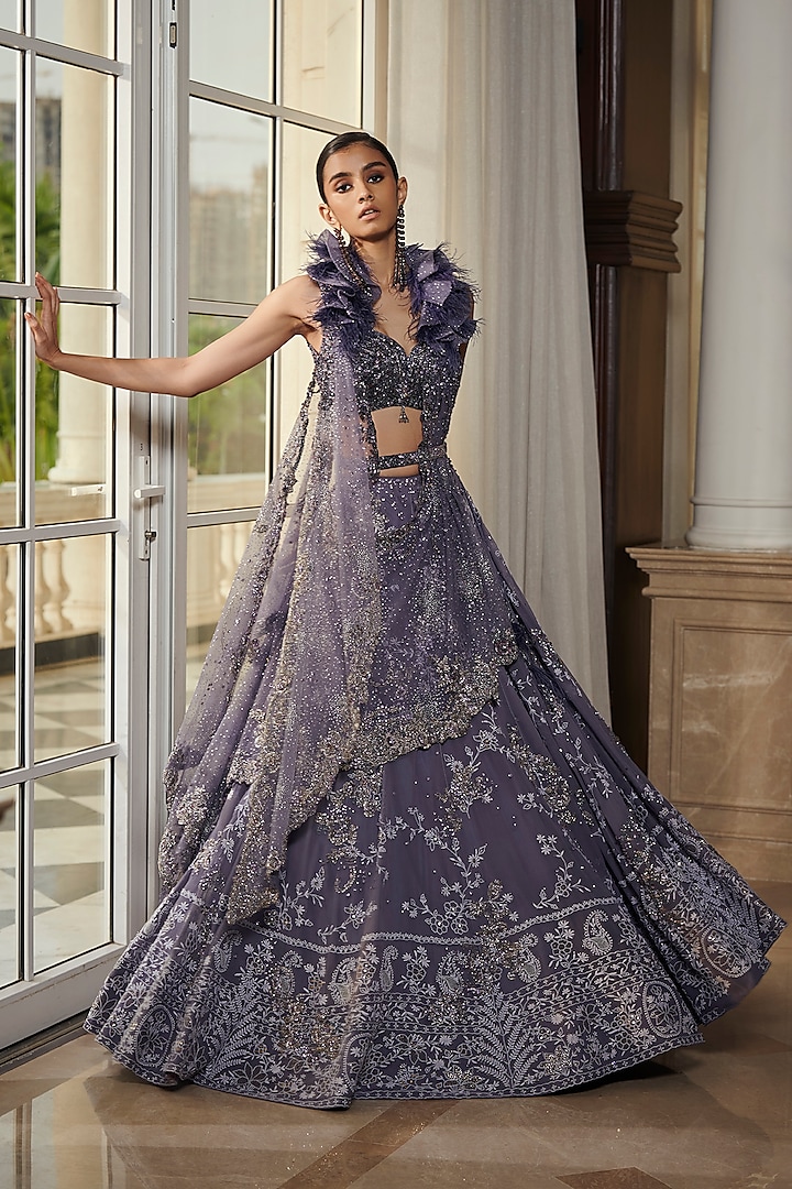 Leaden Blue Embellished Lehenga Set by Dolly J