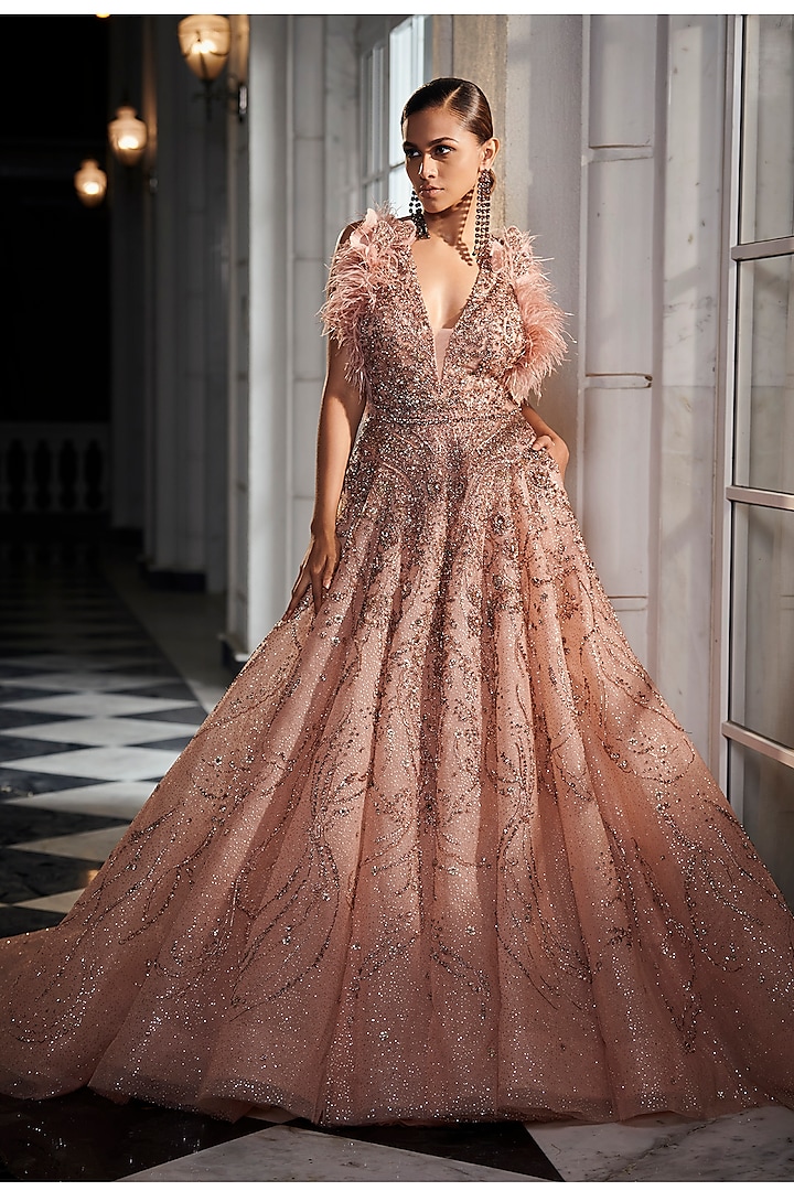 Salmon Pink Tulle Bridal Gown by Dolly J