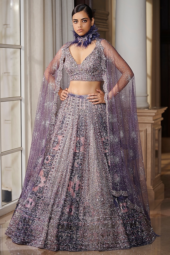 Berry Blue Embroidered Bridal Lehenga Set by Dolly J