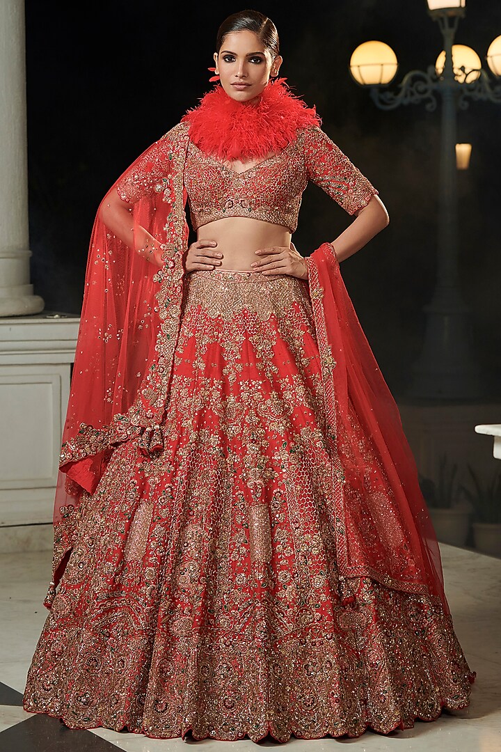 Persian Red Embroidered Bridal Lehenga Set by Dolly J