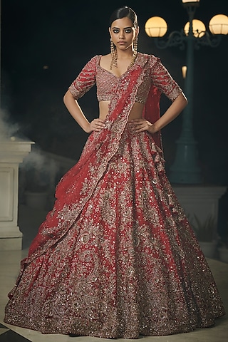 Burgundy & Brick Red Ombre Bridal Lehenga Set by Dolly J