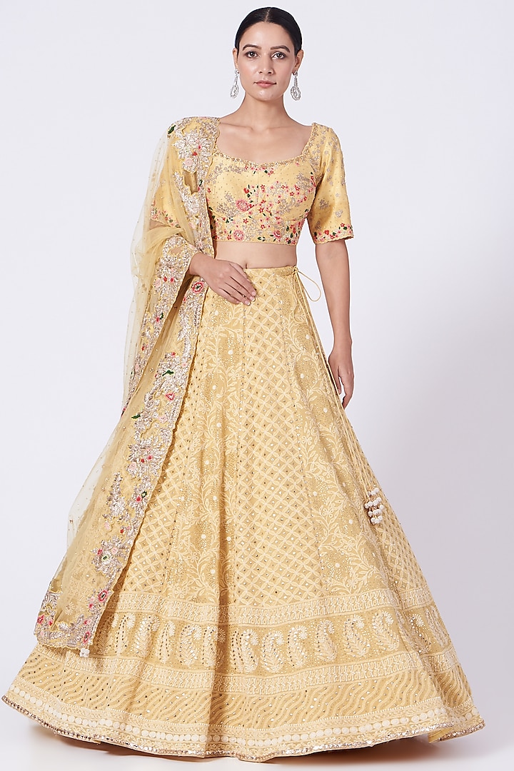 Light Yellow Embroidered Lehenga Set by Dolly J