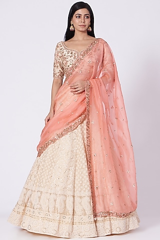 Off White Chikankari Lehenga Set by Dolly J