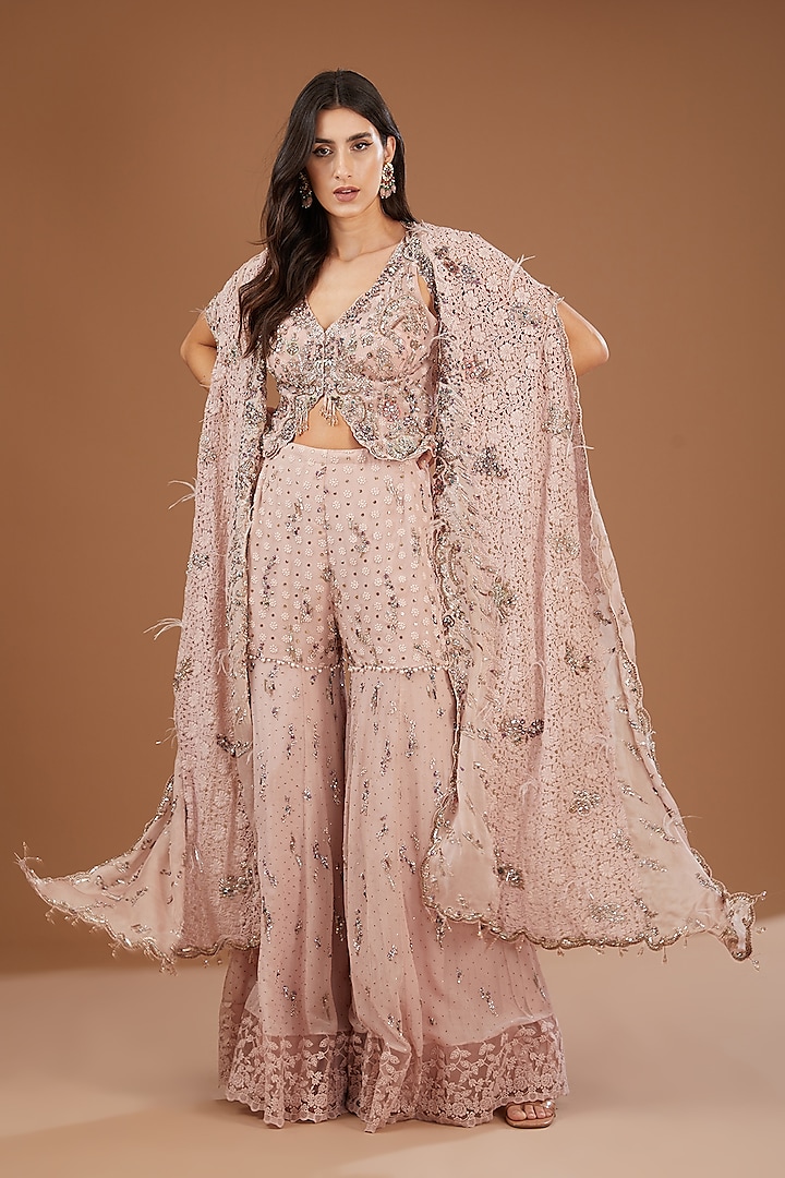 Pink Chiffon Embroidered Sharara Set by Dolly J at Pernia's Pop Up Shop