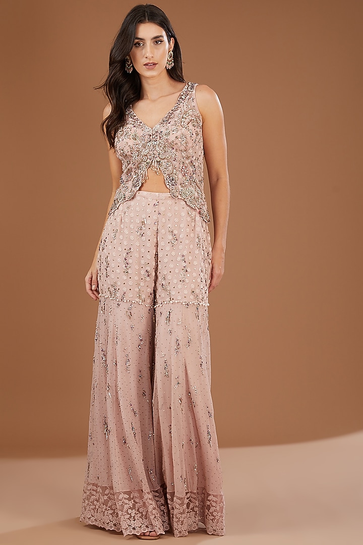 Pink Chiffon Embroidered Bridal Sharara Set by Dolly J at Pernia's Pop Up Shop