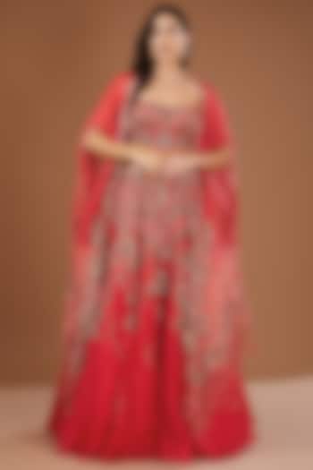 Red Organza Chantilly Embroidered Bridal Lehenga Set by Dolly J at Pernia's Pop Up Shop