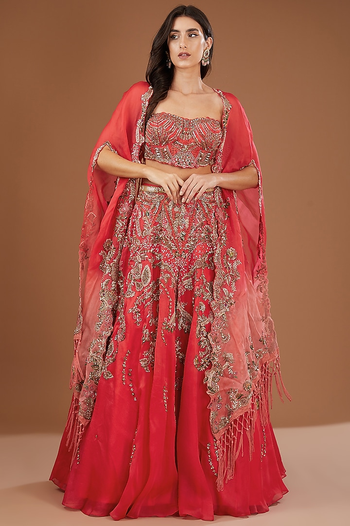 Red Organza Chantilly Embroidered Bridal Lehenga Set by Dolly J at Pernia's Pop Up Shop
