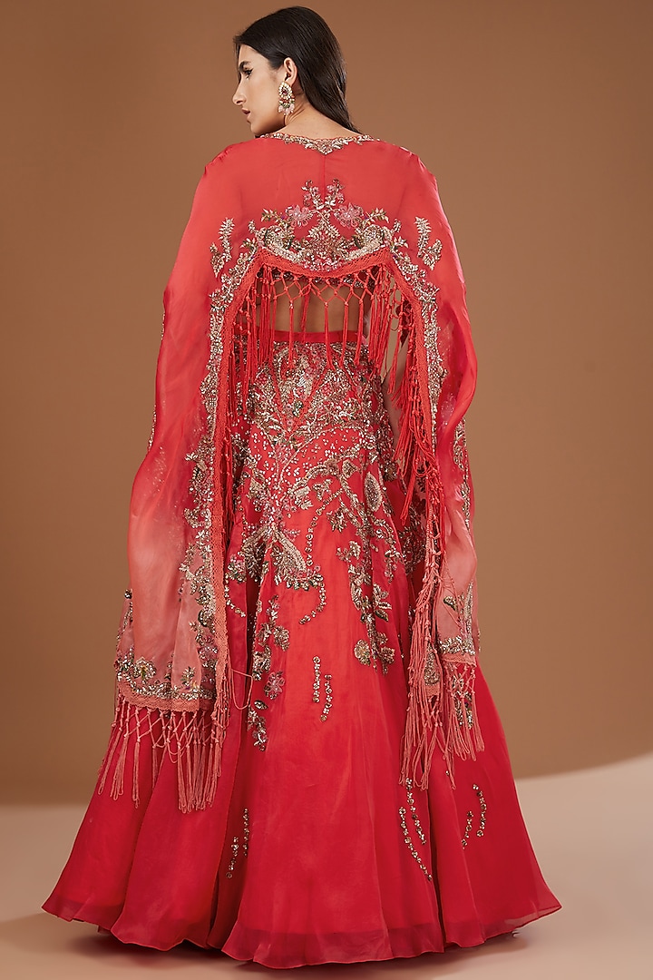 Red Organza Chantilly Embroidered Bridal Lehenga Set by Dolly J at Pernia's Pop Up Shop