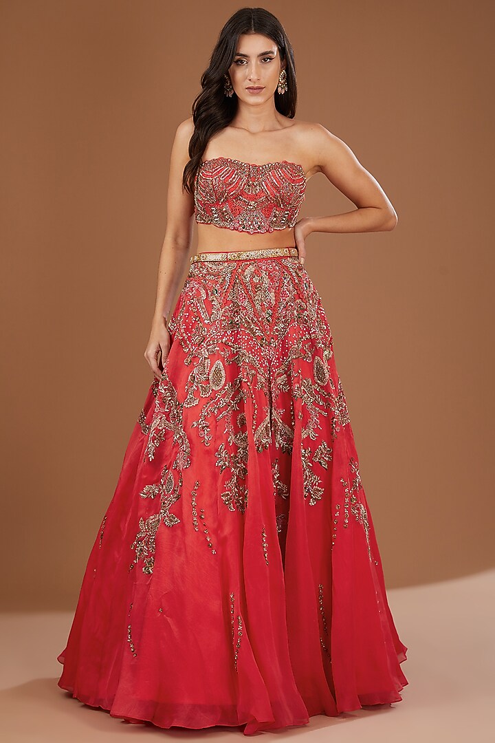 Red Organza Chantilly Embroidered Bridal Lehenga Set by Dolly J at Pernia's Pop Up Shop