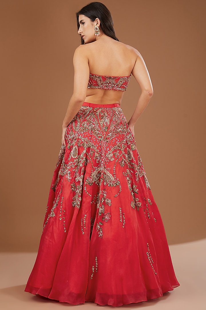 Red Organza Chantilly Embroidered Bridal Lehenga Set by Dolly J at Pernia's Pop Up Shop