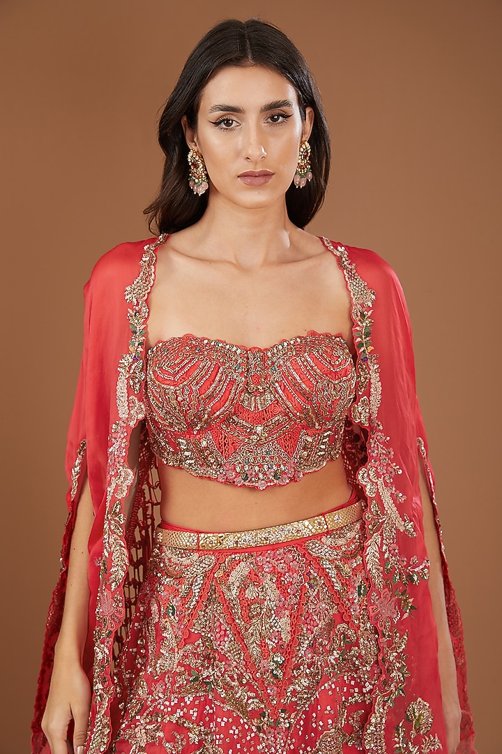 Red Organza Chantilly Embroidered Bridal Lehenga Set by Dolly J at Pernia's Pop Up Shop