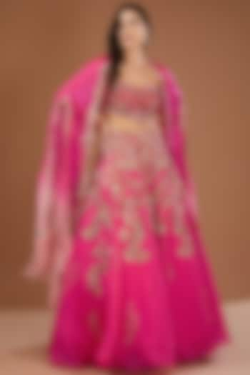 Fuchsia Silk Organza Kamdani Embroidered Bridal Lehenga Set by Dolly J at Pernia's Pop Up Shop