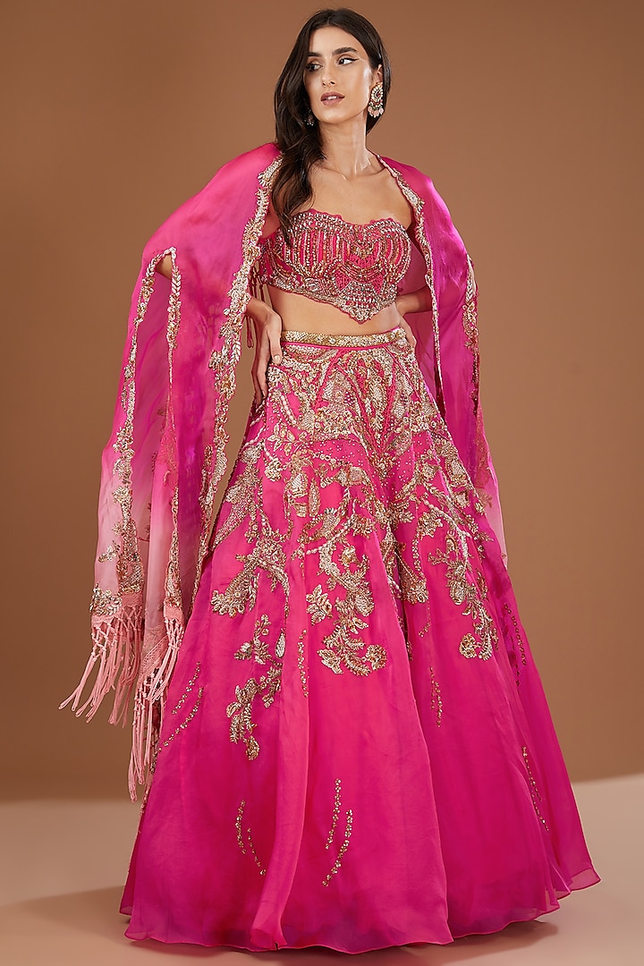 Fuchsia Silk Organza Kamdani Embroidered Bridal Lehenga Set by Dolly J at Pernia's Pop Up Shop