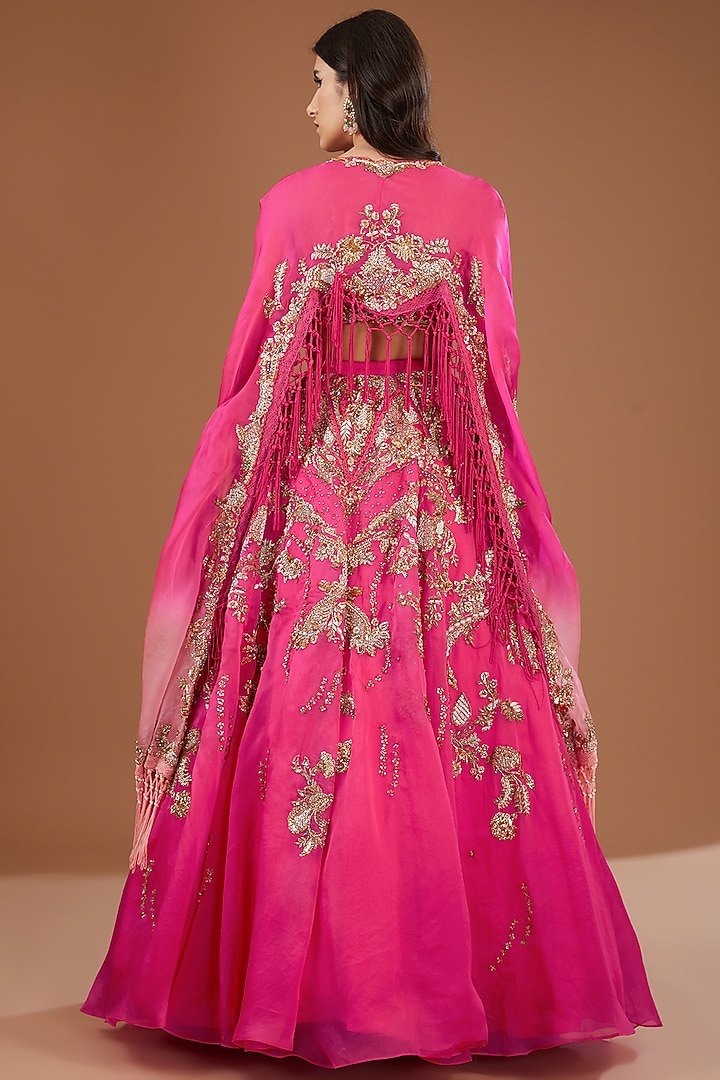 Fuchsia Silk Organza Kamdani Embroidered Bridal Lehenga Set by Dolly J at Pernia's Pop Up Shop