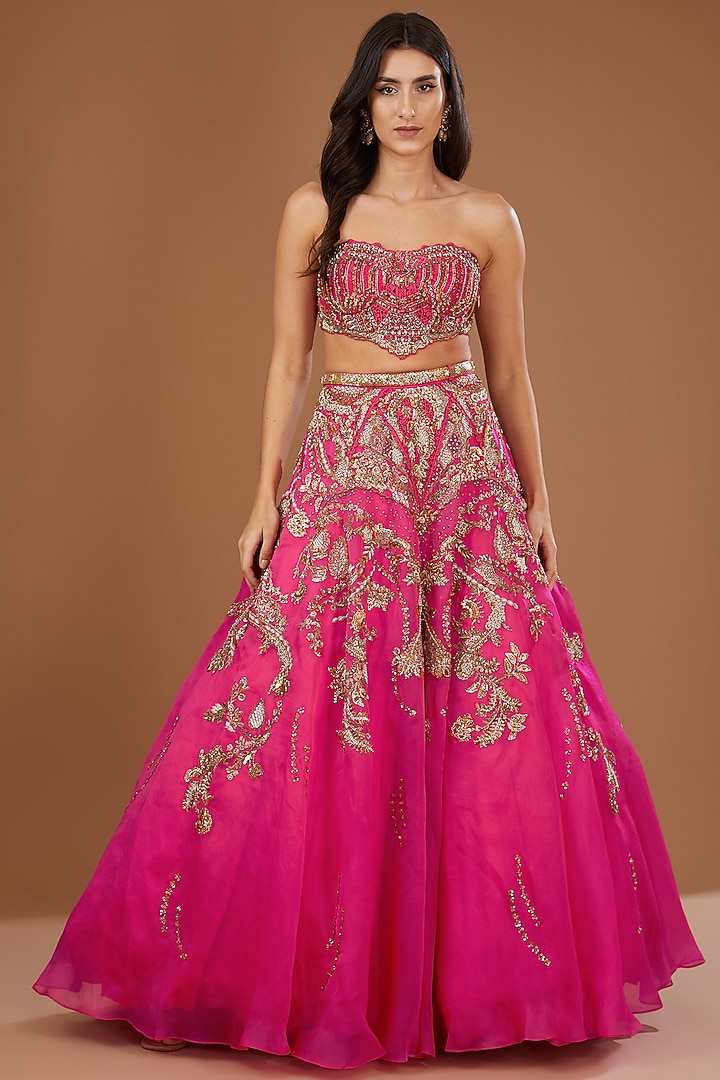Fuchsia Silk Organza Kamdani Embroidered Bridal Lehenga Set by Dolly J at Pernia's Pop Up Shop