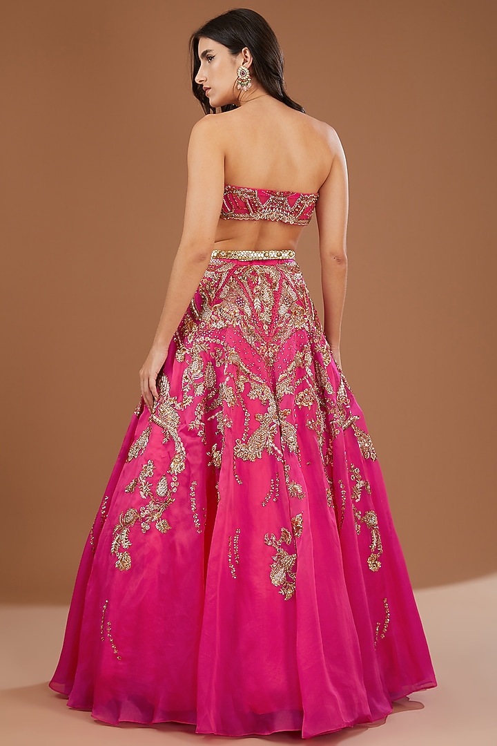 Fuchsia Silk Organza Kamdani Embroidered Bridal Lehenga Set by Dolly J at Pernia's Pop Up Shop
