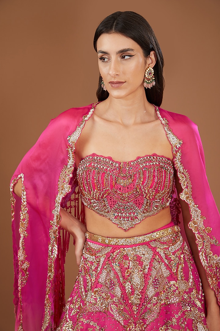 Fuchsia Silk Organza Kamdani Embroidered Bridal Lehenga Set by Dolly J at Pernia's Pop Up Shop