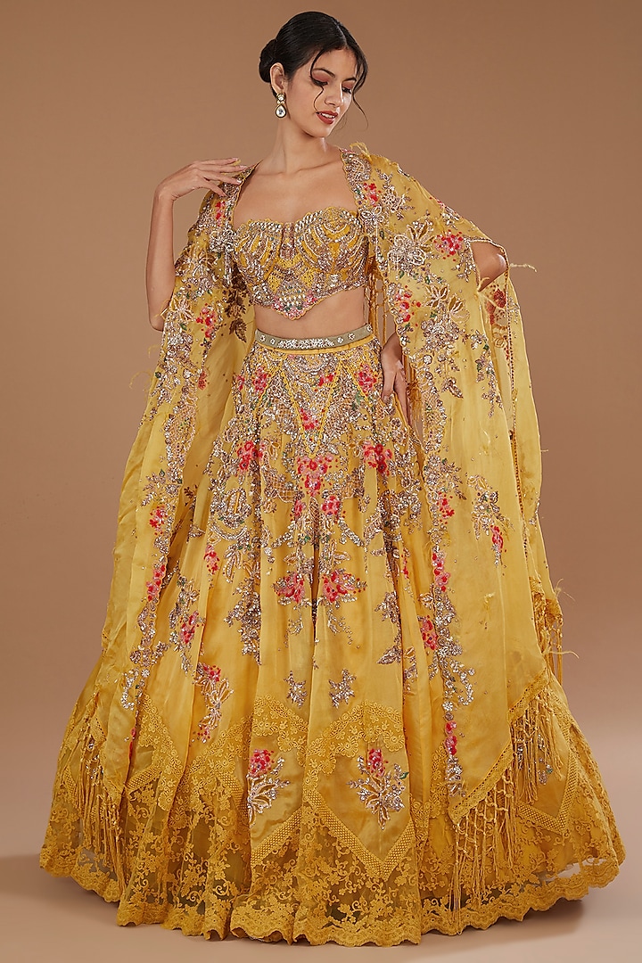 Yellow Organza Embroidered Bridal Lehenga Set by Dolly J at Pernia's Pop Up Shop