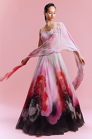 Multi-Colored Chiffon Watercolor Printed Lehenga Set by Dolly J