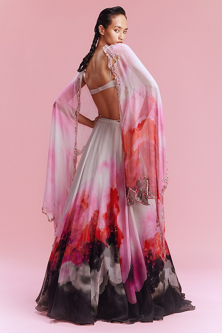 Multi-Colored Chiffon Watercolor Printed Wedding Lehenga Set by Dolly J at Pernia's Pop Up Shop