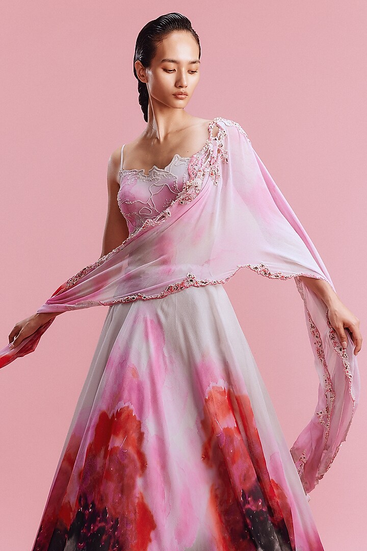 Multi-Colored Chiffon Watercolor Printed Wedding Lehenga Set by Dolly J at Pernia's Pop Up Shop