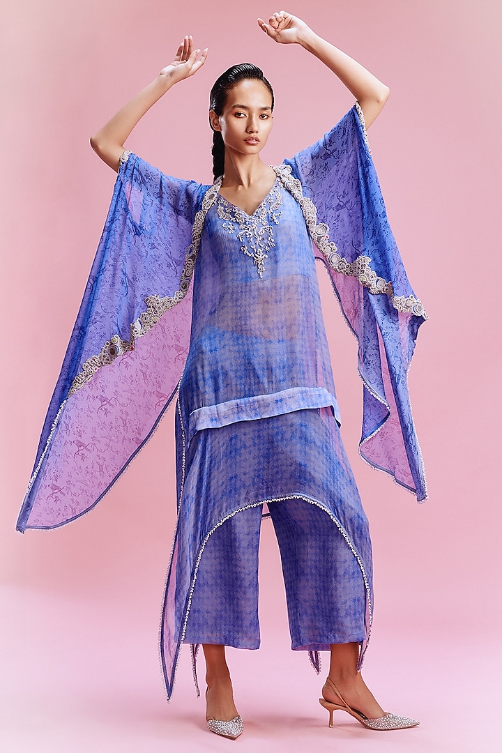 Icy Lilac Chiffon Geometric Printed Asymmetric Kurta Set by Dolly J at Pernia's Pop Up Shop