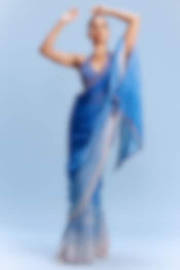 Cornflower Blue-Ombre Chiffon Saree Set by Dolly J at Pernia's Pop Up Shop