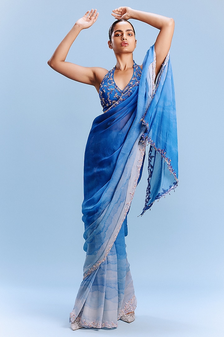 Cornflower Blue-Ombre Chiffon Saree Set by Dolly J at Pernia's Pop Up Shop