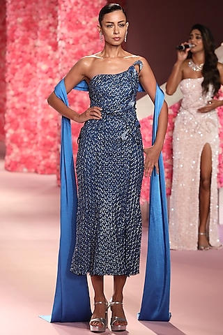 Cobalt Blue Tulle Net Midi Dress With Shawl by Dolly J