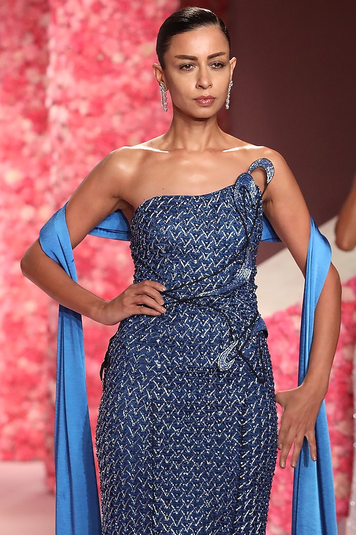 Cobalt Blue Tulle Net Midi Party Wear Dress With Shawl by Dolly J at  Pernia's Pop Up Shop 2026