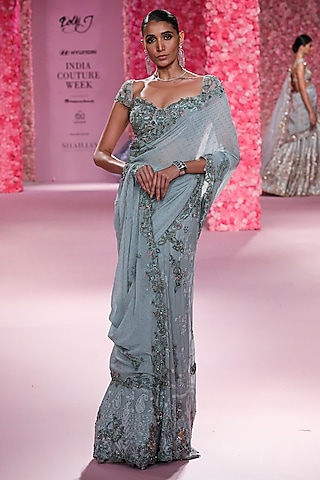 Powdery Sage Chikankari Thread Work Lehenga Saree Set by Dolly J