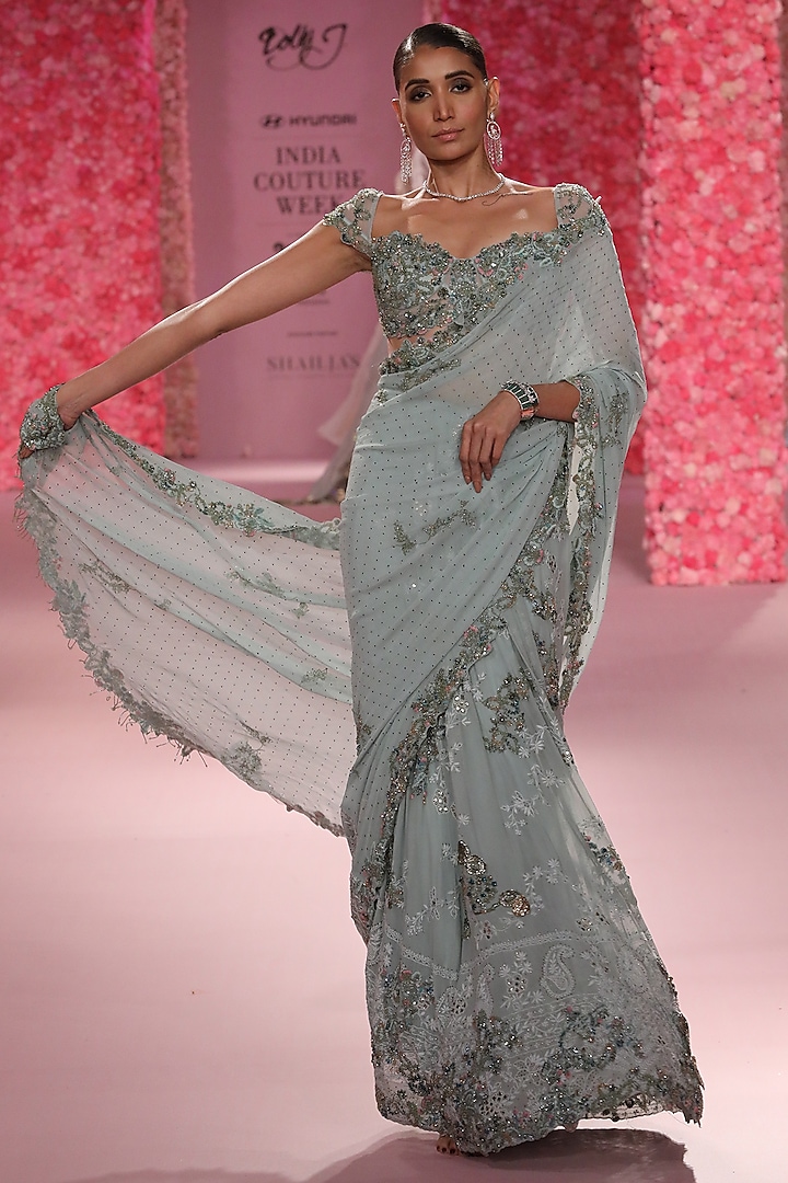 Powdery Sage Chikankari Thread Work Bridal Lehenga Saree Set by Dolly J at Pernia's Pop Up Shop
