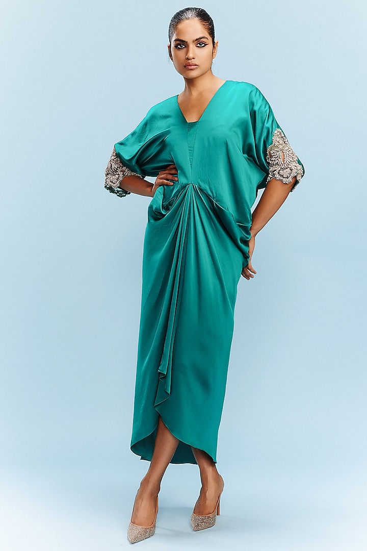 Pine Green Satin Pearl Embellished Ruched Kaftan by Dolly J at Pernia's Pop Up Shop