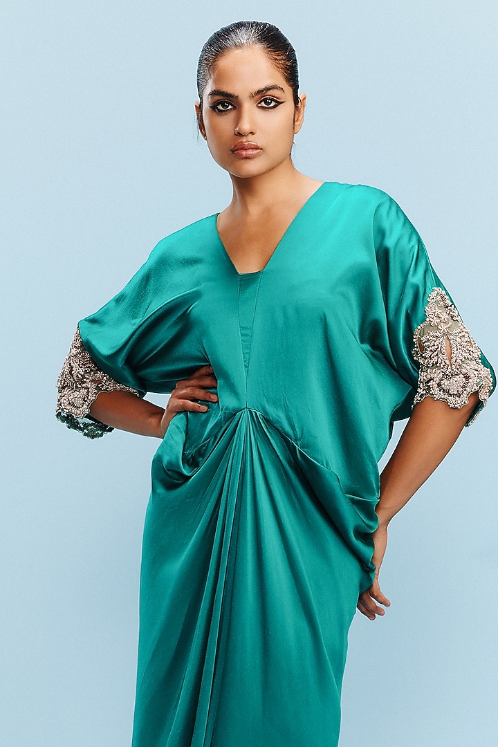 Pine Green Satin Pearl Embellished Ruched Kaftan by Dolly J at Pernia's Pop Up Shop