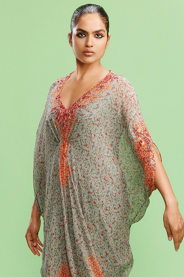 Vintage Green Chiffon Printed & Embellished Pleated Kaftan by Dolly J at Pernia's Pop Up Shop
