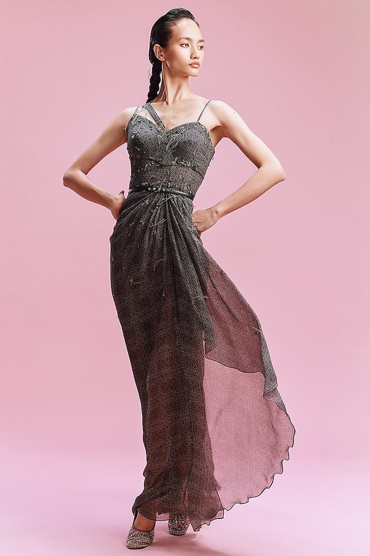 Black Chiffon Geometric Printed Draped Strappy Gown by Dolly J at Pernia's Pop Up Shop