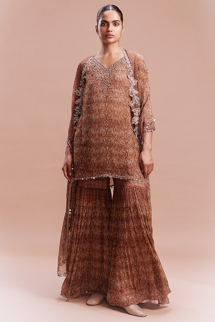 Burnt Orange Chiffon Printed Sharara Set by Dolly J at Pernia's Pop Up Shop