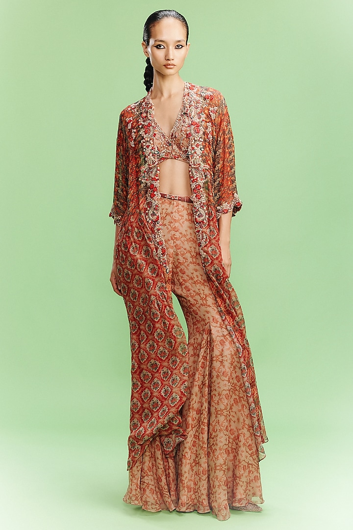 Burnt Orange Chiffon Printed Sharara Set by Dolly J at Pernia's Pop Up Shop