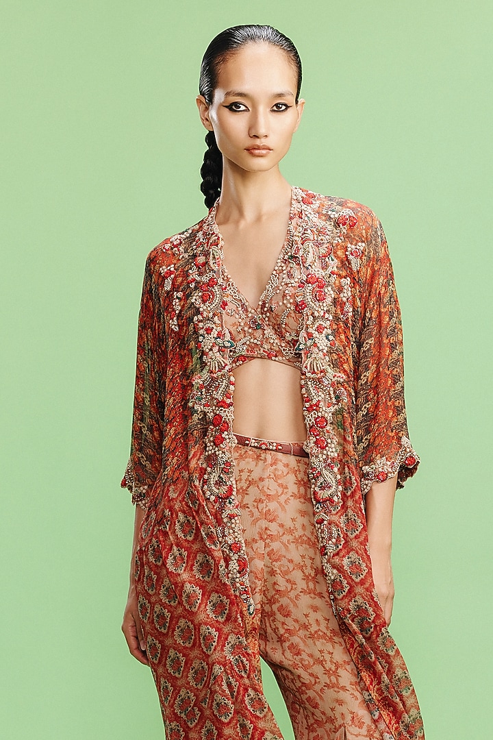 Burnt Orange Chiffon Printed Bridal Sharara Set by Dolly J at Pernia's Pop Up Shop