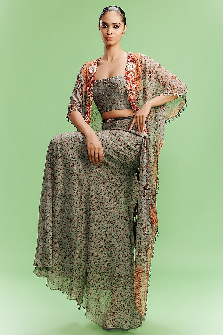 Vintage Green Chiffon Printed Flared Skirt Set by Dolly J at Pernia's Pop Up Shop